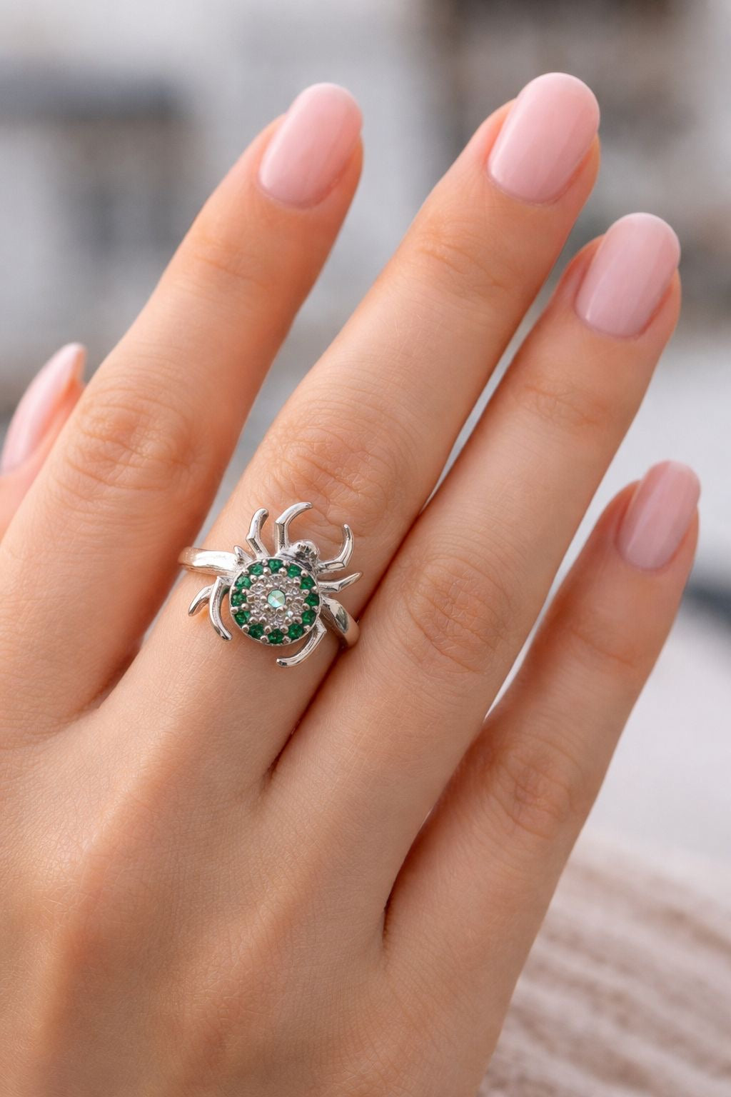 Emerald Eye Spider Silver Ring –  Ring for Women