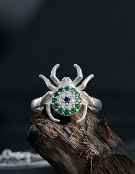 Emerald Eye Spider Silver Ring –  Ring for Women
