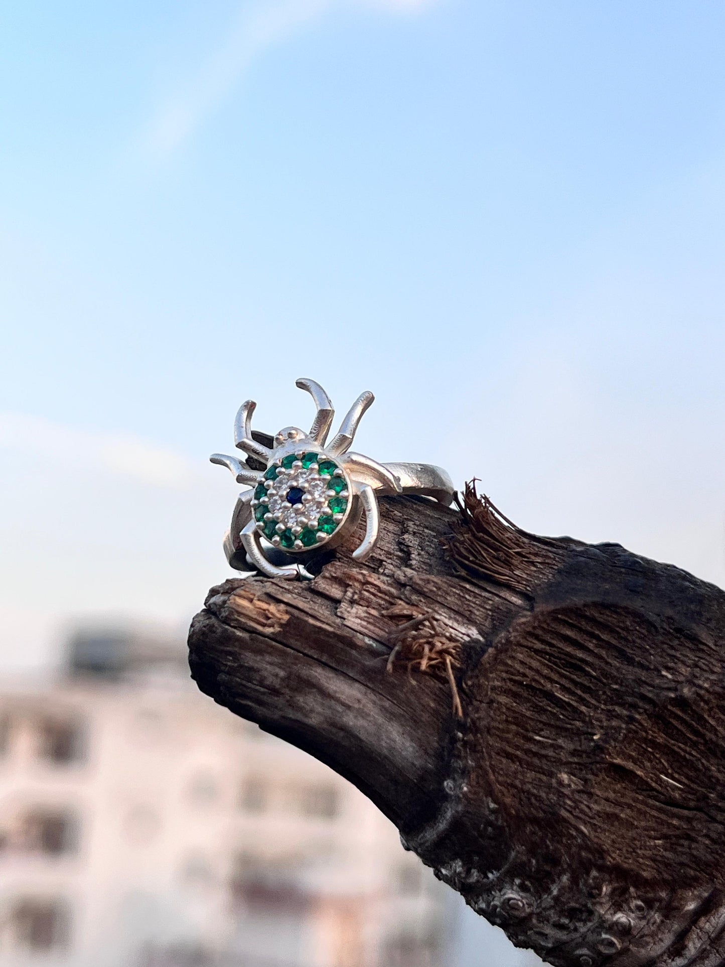 Emerald Eye Spider Silver Ring –  Ring for Women